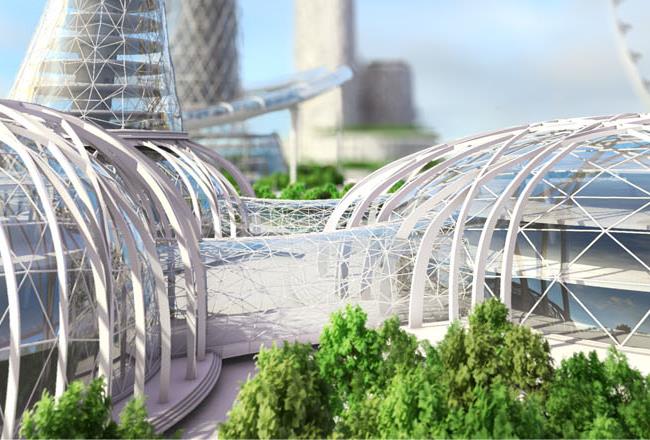 Futuristische Gebäude in der Skyline einer Stadt der Zukunft.